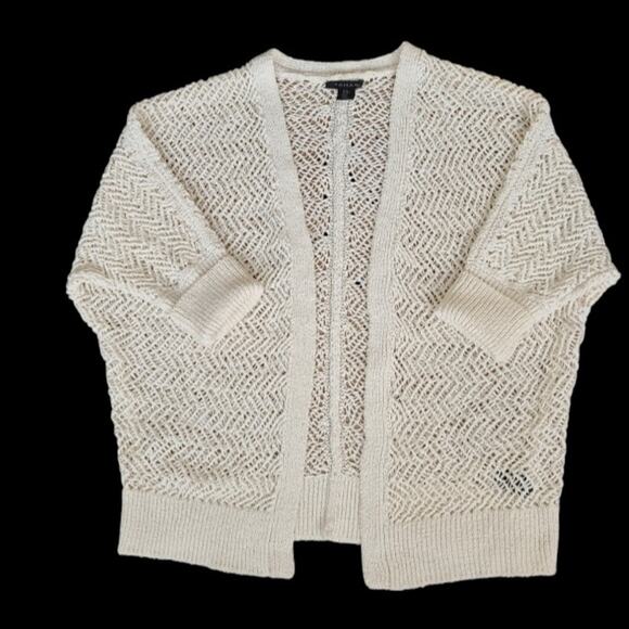 Tahari Open-Front Open-Knit Cardigan Relaxed Fit Size M Cream Coastal Minimalist - Picture 2 of 11